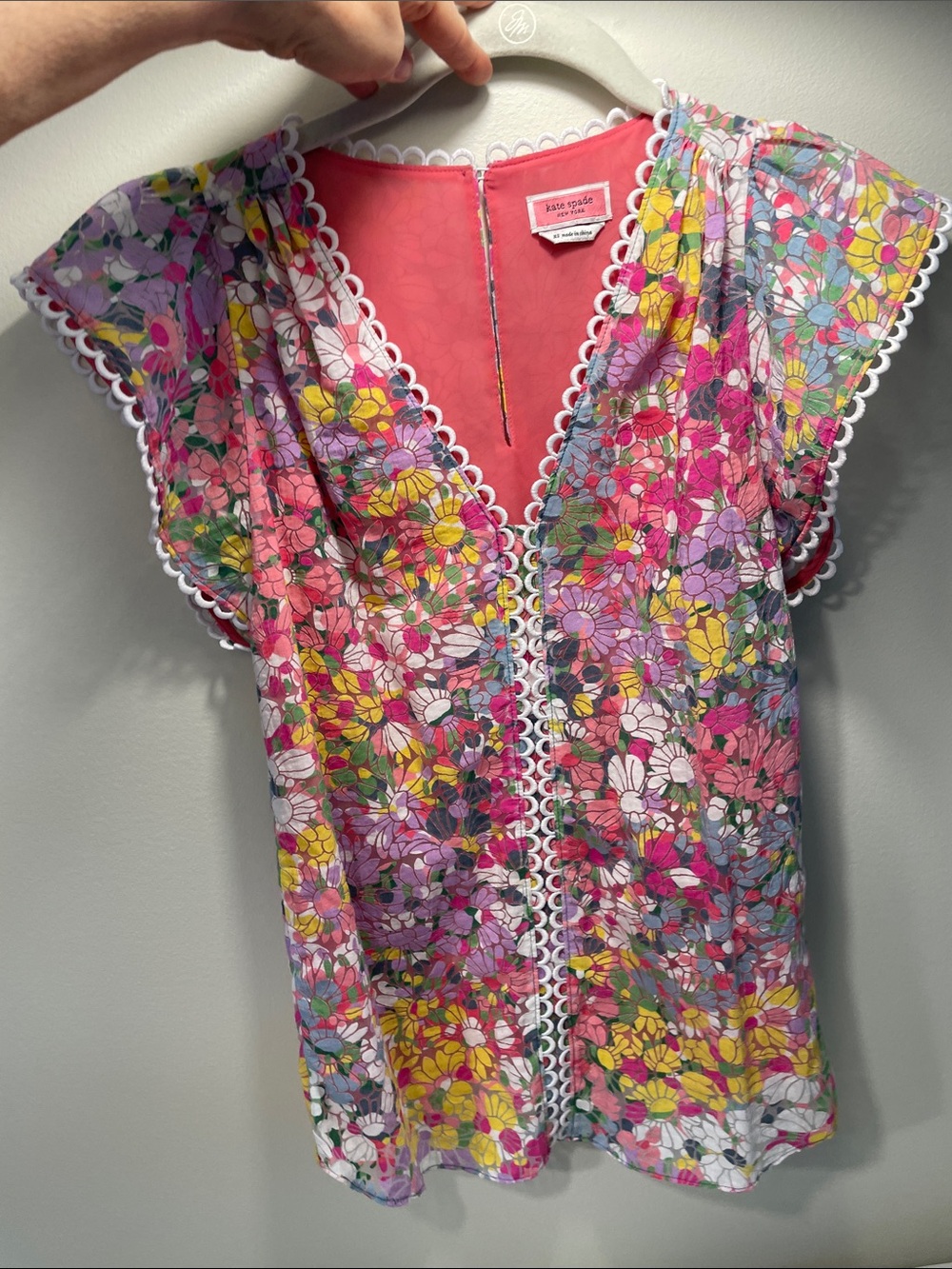 Kate Spade Pink Multicolor Floral Lace-Trim Flutter Sleeve Top